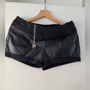 Black Leather Rhinestone Women's Shorts